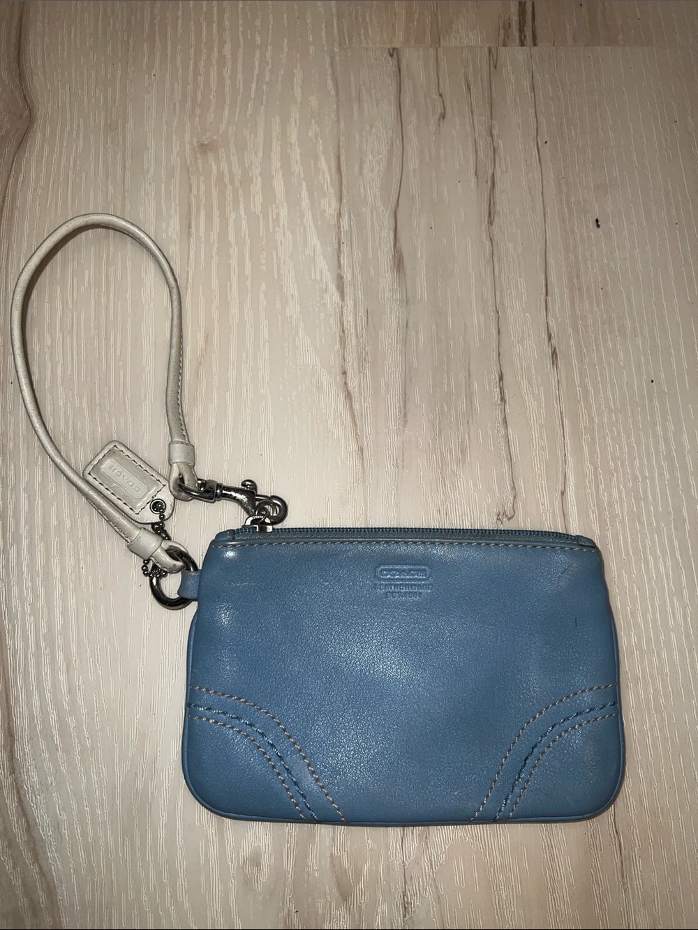 Coach Vintage Blue Leather Wristlet with White Strap